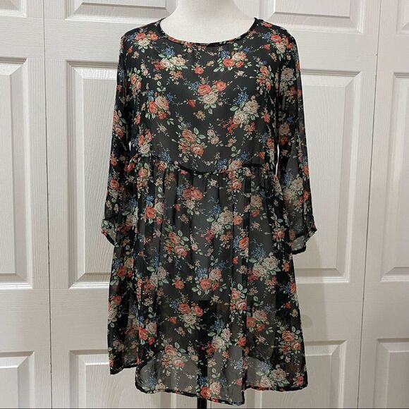 Happening In The Present Sheer Blouse Baby Doll Top Floral - Picture 1 of 11